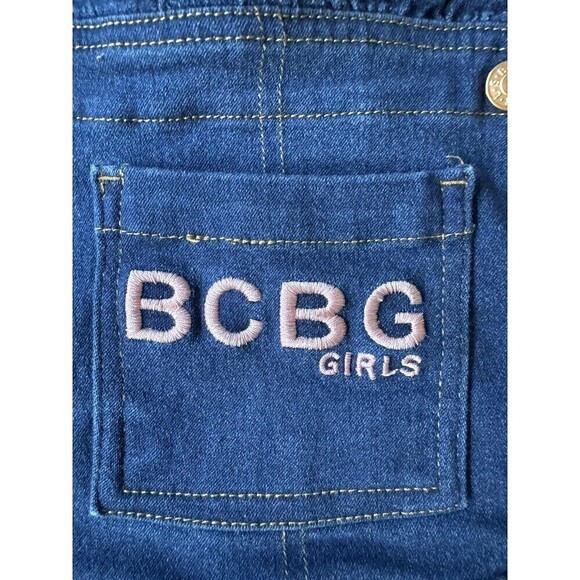 BCBG Overall dress - Girls Sz 6X Denim with pink embroidery bronze button - Picture 3 of 7